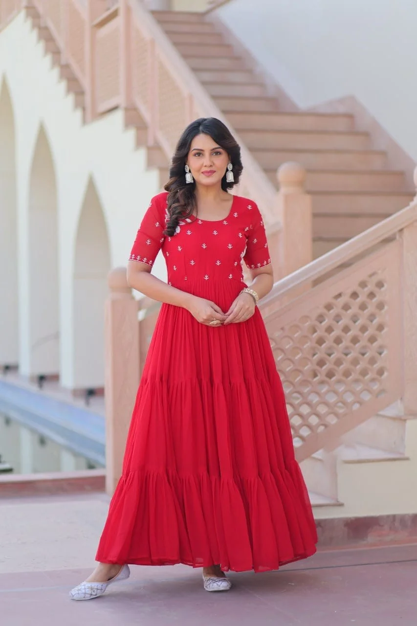 Elegant Red Embroidered Tiered Anarkali Gown with Flowy Flared Design